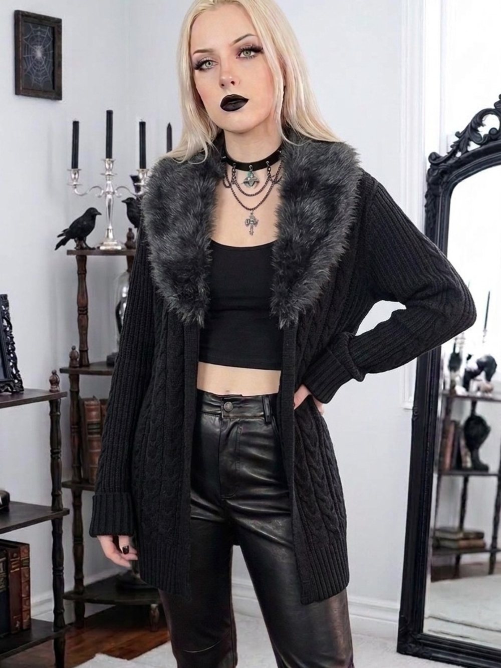 Vince Camuto Black Cable-Knit Cardigan with Gray Faux Fur Shawl Collar